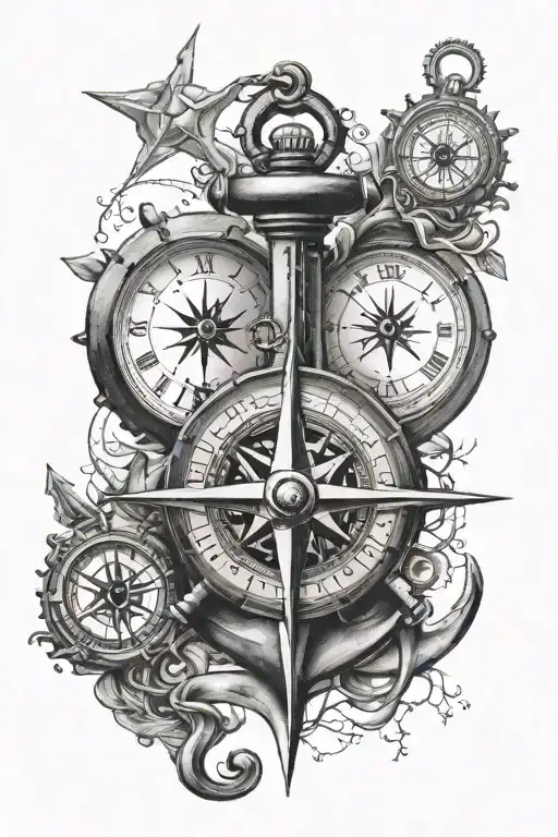 clock, anchor and compass tattoo design idea