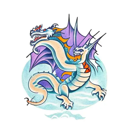dragon crawling up a castle wall breatging fire tattoo design idea
