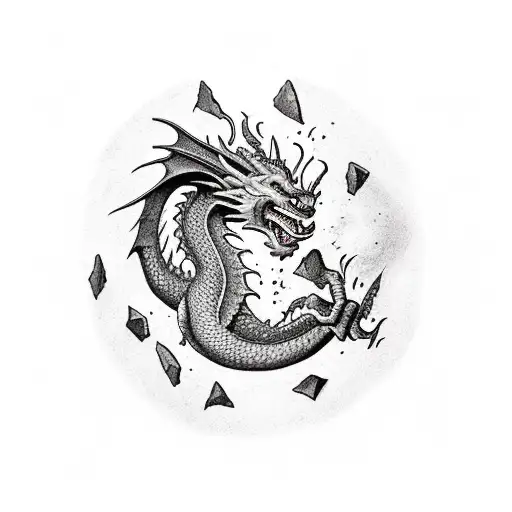 dragon crawling up a castle wall with blood coming from where the claws grip tattoo design idea