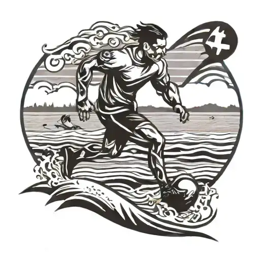 A stylized depiction of a football player running along the shores of Monterey Bay, with waves crashing in the background tattoo design idea