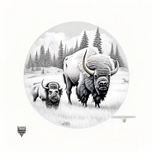 2 adult bison and a baby with a mountain background  tattoo design idea