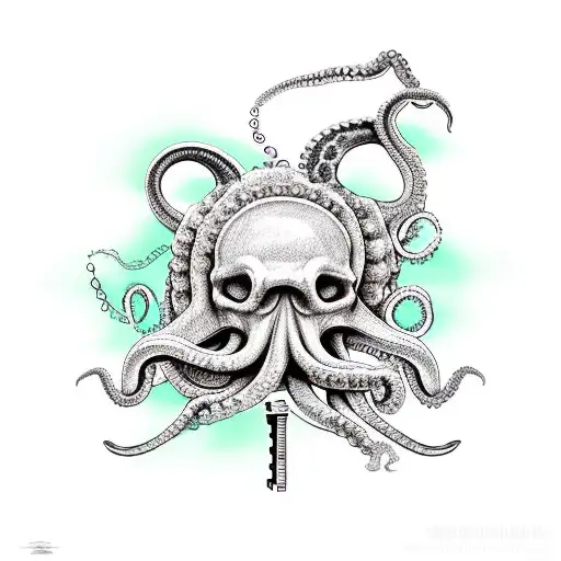 octopus sleeve, left arm, holding skeleton key earth greens and brwons tattoo design idea