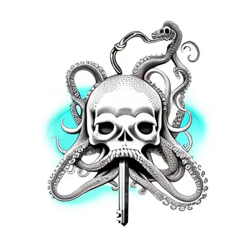 octopus sleeve, left arm, holding skeleton key earth greens and brwons tattoo design idea