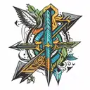 arrow with bow, lighting bolt and soundwave pattern tattoo design idea