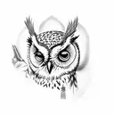A wise owl practicing Kung Fu in a serene forest tattoo design idea