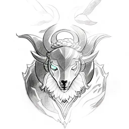 a tattoo of league of legend's champion kindred, with the sheep on top of the wolf. tattoo design idea