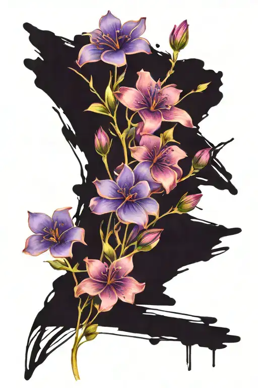 brush and abstract lines with three tiny purple flowers tattoo design idea