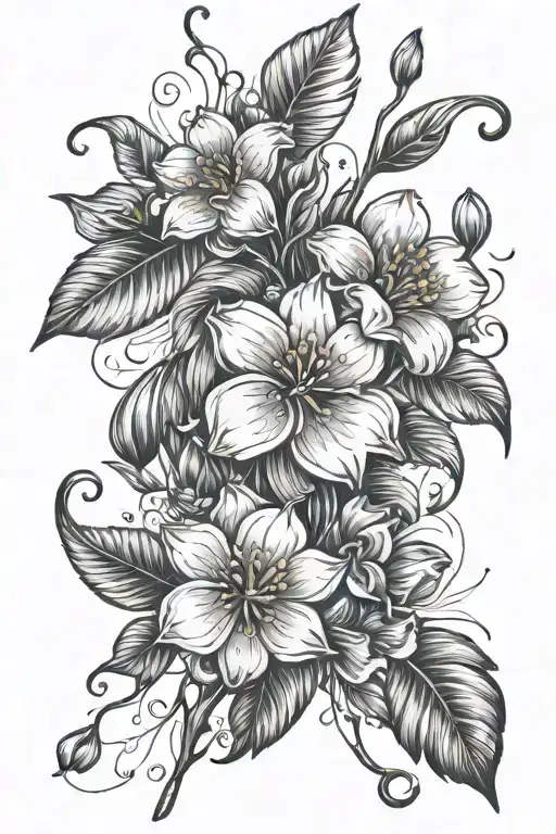brush and abstract lines with three tiny flowers tattoo design idea