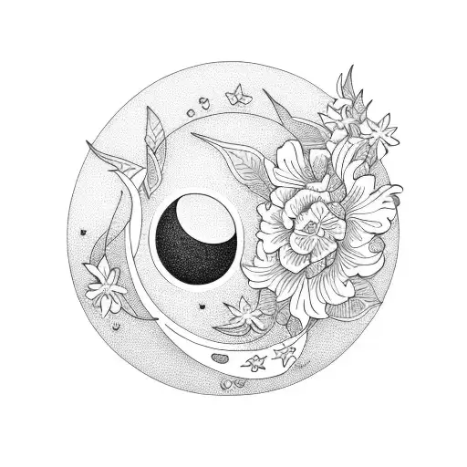 floral line work with crescent moon tattoo design idea