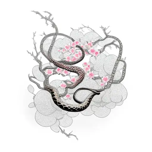 snake wrapped around cherry blossom tree tattoo design idea