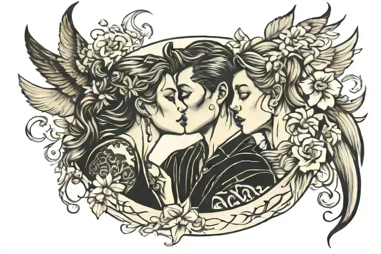 Sagittarius female Gemini male lovers kissing tattoo design idea