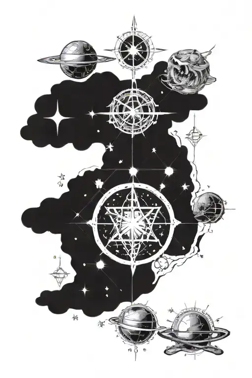 Libra, Leo, Taurus, Pisces zodiac signs with stars and planets background, in the style of Damon Hellandbrand, horror tattoo design idea