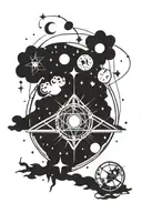 Libra, Leo, Taurus, Pisces zodiac signs with stars and planets background, in the style of Damon Hellandbrand, horror tattoo design idea