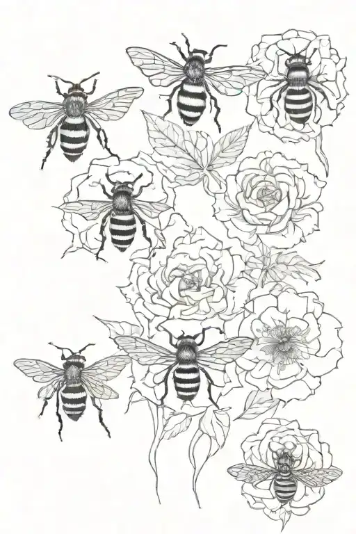 February April July August November birth flowers with spooky stuff like skeletons or ghost face type and some bees tattoo design idea