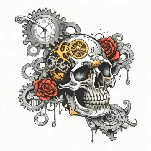 skull time melting timepiece with gears intertwined tattoo design idea