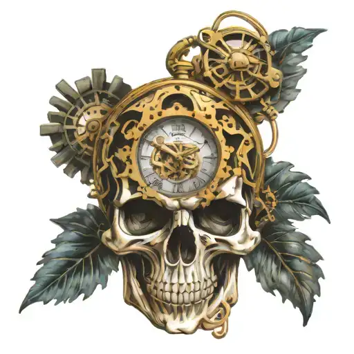 skull time melting timepiece with gears incorporated tattoo design idea