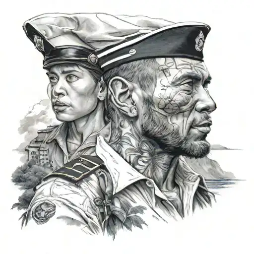 A realistic portrait of a navy sailor exploring the landscapes of Switzerland, Democratic Republic of Congo, and Japan tattoo design idea