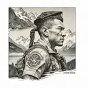 A realistic portrait of a navy sailor exploring the landscapes of Switzerland, Democratic Republic of Congo, and Japan tattoo design idea