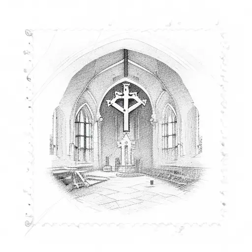 a church thrpugh a window with the frame of a stamp tattoo design idea