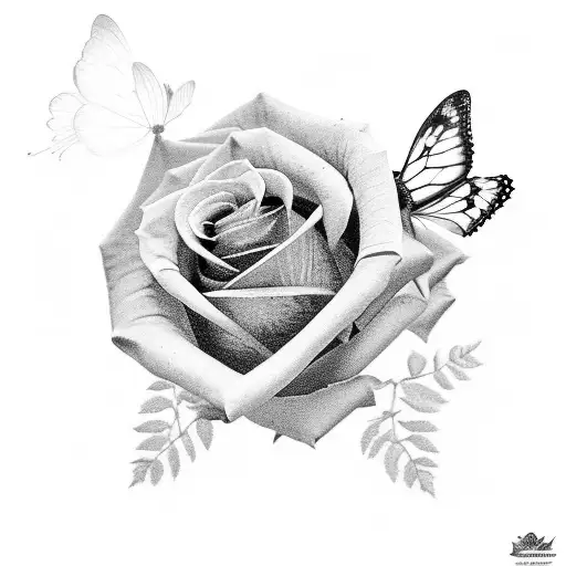 A realistic black and grey rose with a hidden butterfly within its petals tattoo design idea