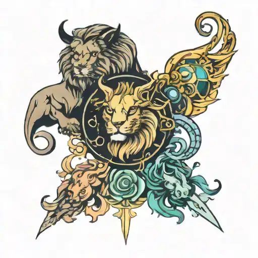 tattoo of leo, cancer, capricorn and pisces surrounding tattoo design idea