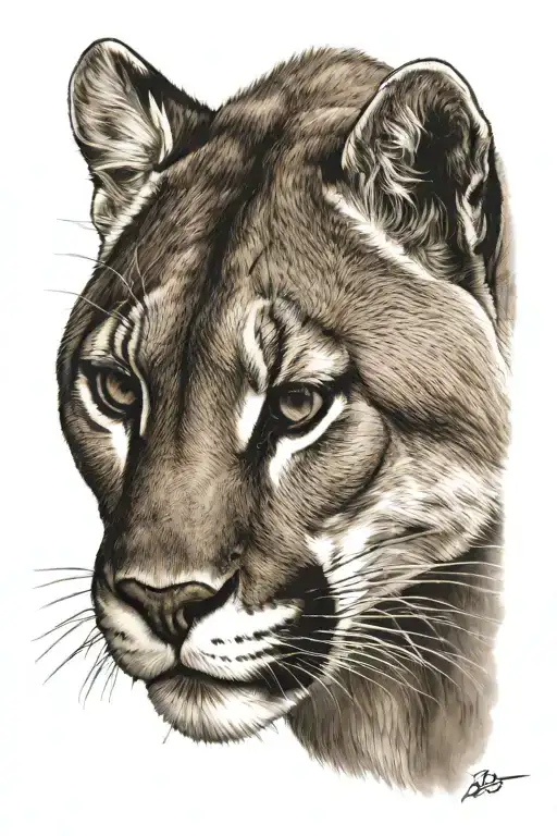 a majestic cougar depicted in a realistic style, its sleek fur rendered in shades of tan, brown, and black. Its  tattoo design idea