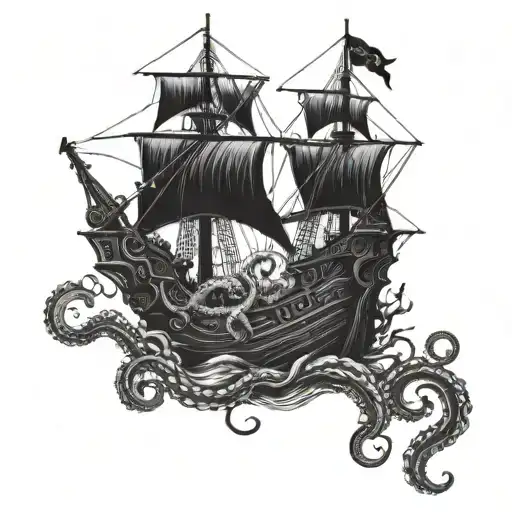 A kraken emerging from the depths of the ocean, wrapping its tentacles around a pirate ship tattoo design idea