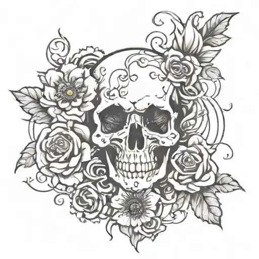I want a design that has flowers and a gothic theme with maybe a skeleton drinking a coffee with it going through the sk tattoo design idea