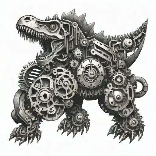 Mechanical gears and circuits forming a twirling dinosaur excavator tattoo design idea