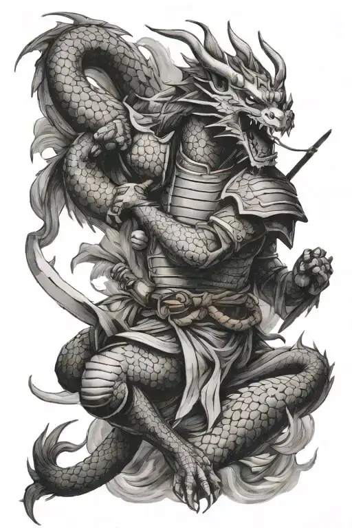 dragon fighting samurai warrior tattoo design idea