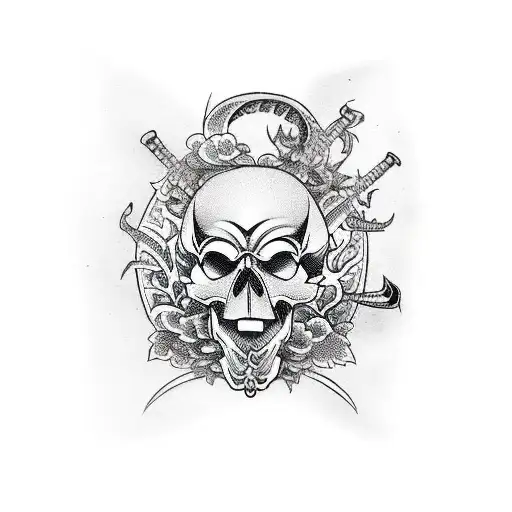 skull with swords and butterflies  tattoo design idea