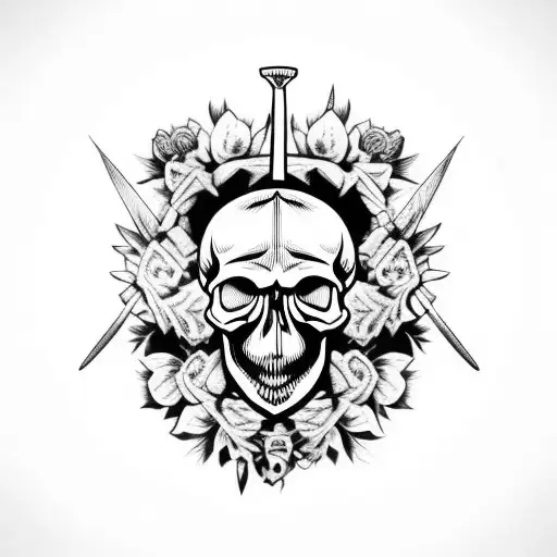 skull with swords and butterflies  tattoo design idea