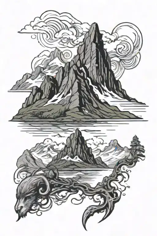 Norwegian mountains, fjord, symbol of the Vikings tattoo design idea