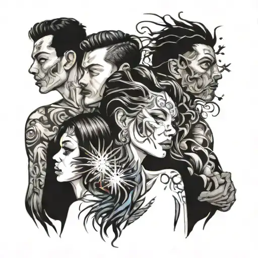 four people made of fireworks  tattoo design idea