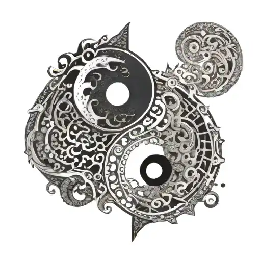 A yin-yang symbol with one side representing music and love, and the other side representing pain and kanji characters tattoo design idea