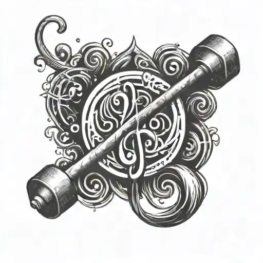 A barbell morphing into a music note with kanji symbols for love and pain intertwined tattoo design idea