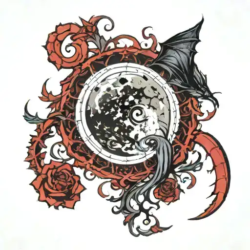 colors black, grey, white. a dark gothic moon that would look good behind a female vampire who just fed with blood on he tattoo design idea