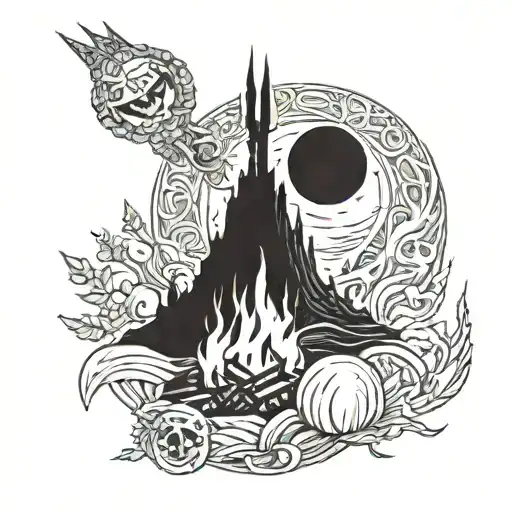 dark souls bonfire, with sleep tokens moon above it tattoo design idea