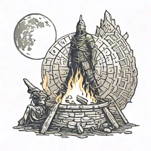 dark souls bonfire, with sleep tokens moon above it tattoo design idea