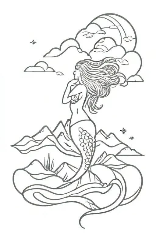 Mountain, Mermaid, Water, Night artwork etched tattoo design idea