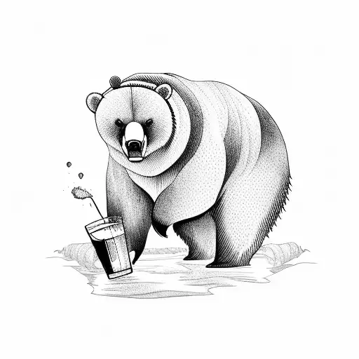 A blackwork tattoo depicting a bear enjoying its favorite alcoholic beverage tattoo design idea