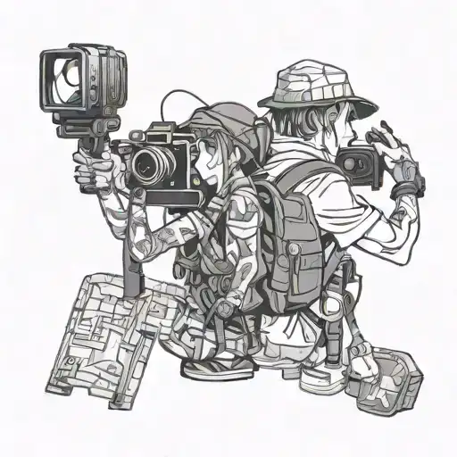 An anime character exploring different countries around the world with a backpack and camera tattoo design idea
