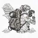 An anime character exploring different countries around the world with a backpack and camera tattoo design idea