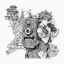 An anime character exploring different countries around the world with a backpack and camera tattoo design idea