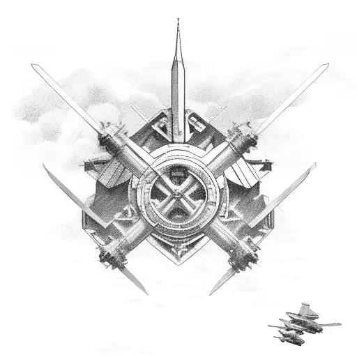 cross pistons with fighter flying over tattoo design idea