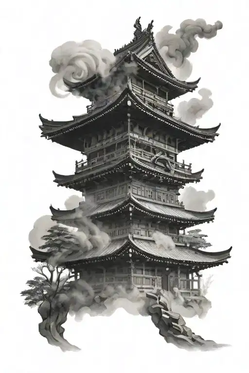 japanese temple with mist   tattoo design idea