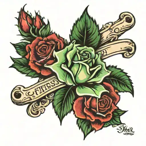 bone with green rose and name teresita  tattoo design idea