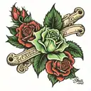 bone with green rose and name teresita  tattoo design idea