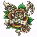 bone with green rose and name teresita  tattoo design idea