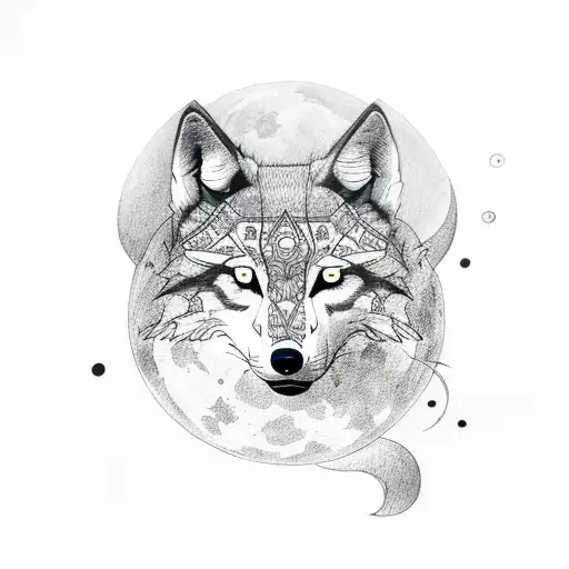 un lobo perdido en el bosque con una luna de tattoo design idea